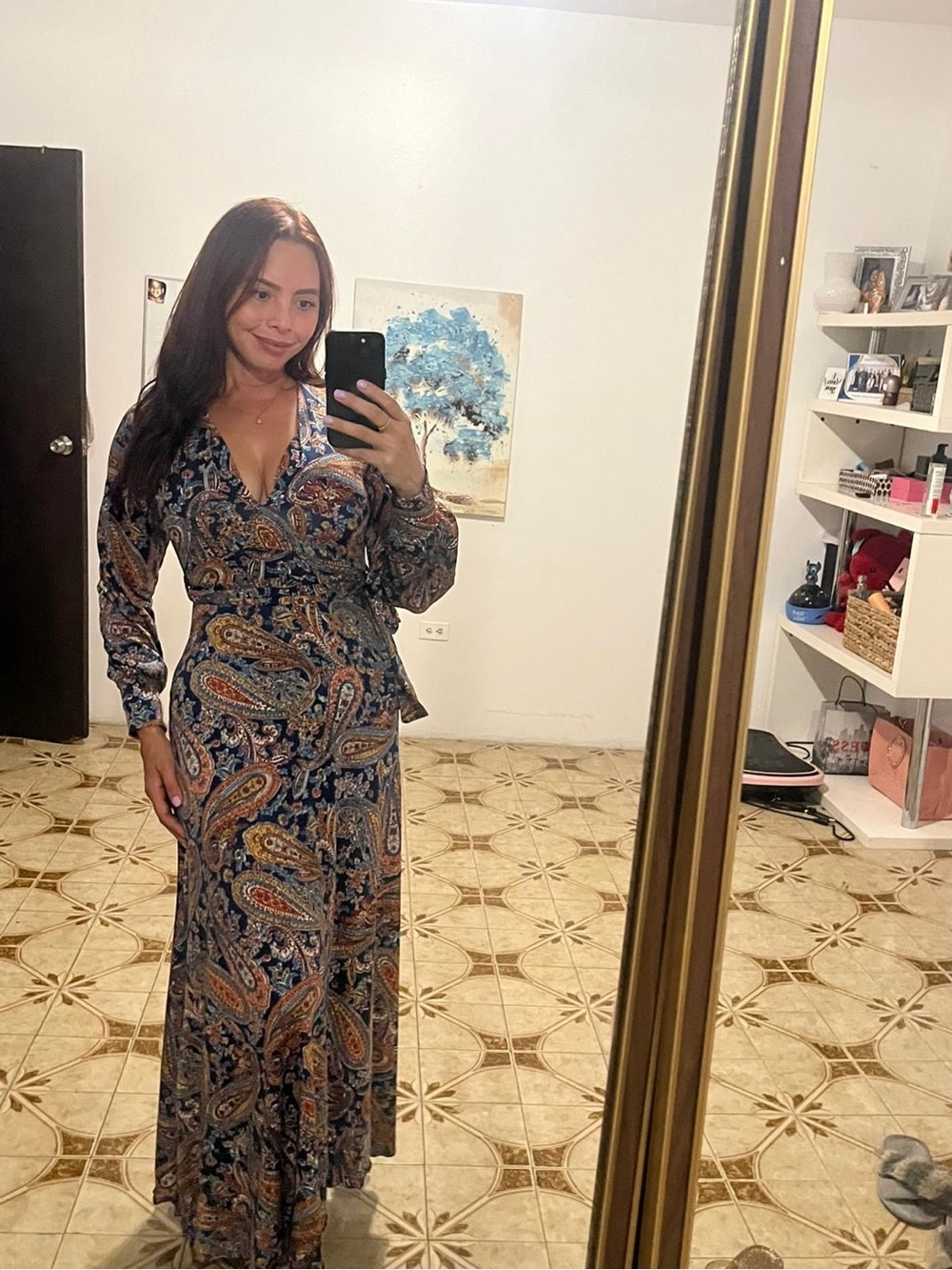 love J Paisley Wrap Maxi Dress in Navy with Rust and Cream Accents